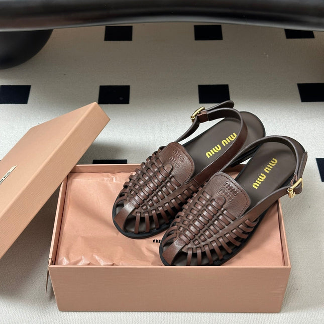 MIUMIU 26S SLINGBACK FISHERMAN SANDALS IN DARK BROWN CALFSKIN