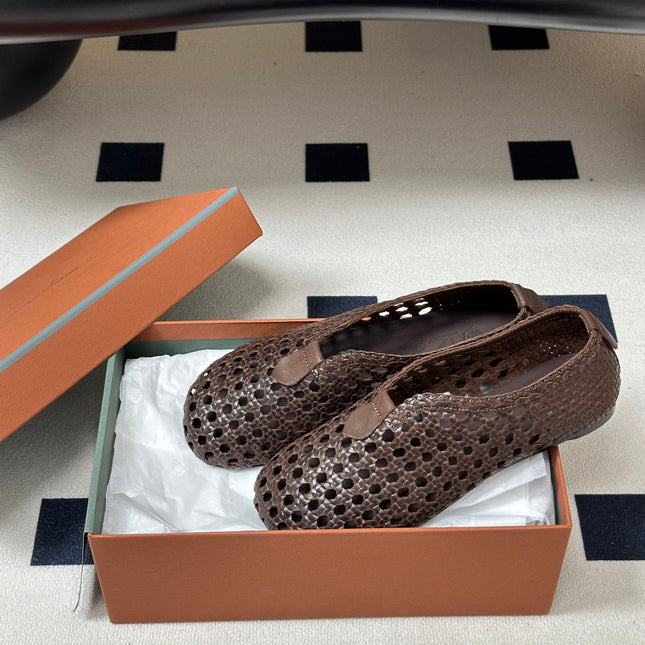 LP 26S BALLET FLATS IN DARK BROWN CALFSKIN WITH BASKETWEAVE DESIGN