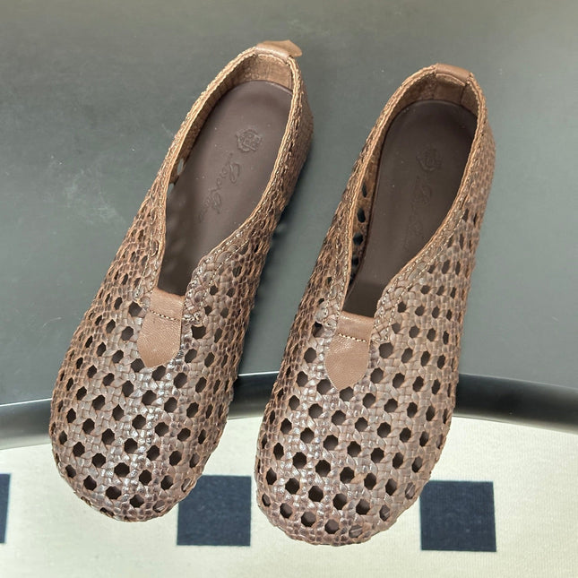 LP 26S BALLET FLATS IN DARK BROWN CALFSKIN WITH BASKETWEAVE DESIGN