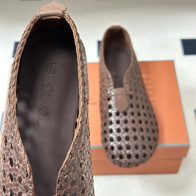 LP 26S BALLET FLATS IN DARK BROWN CALFSKIN WITH BASKETWEAVE DESIGN