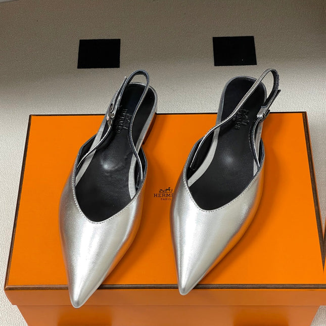 HM 26S NICOLE SLINGBACK IN SILVER CALFSKIN SILVER HARDWARE