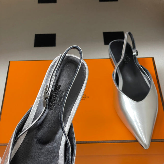HM 26S NICOLE SLINGBACK IN SILVER CALFSKIN SILVER HARDWARE