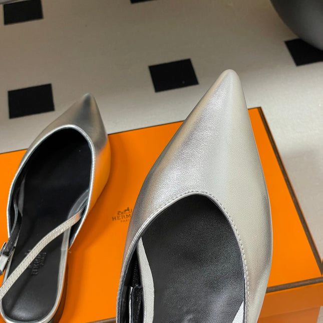 HM 26S NICOLE SLINGBACK IN SILVER CALFSKIN SILVER HARDWARE