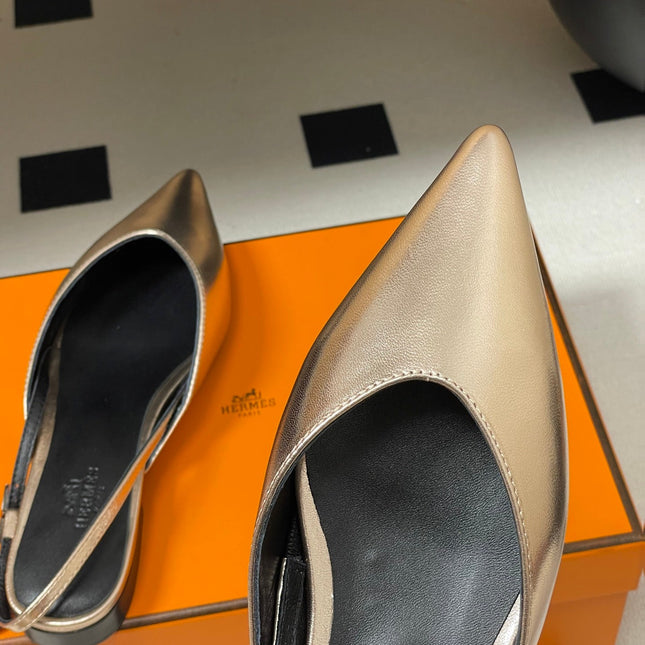 HM 26S NICOLE SLINGBACK IN GOLD CALFSKIN SILVER HARDWARE