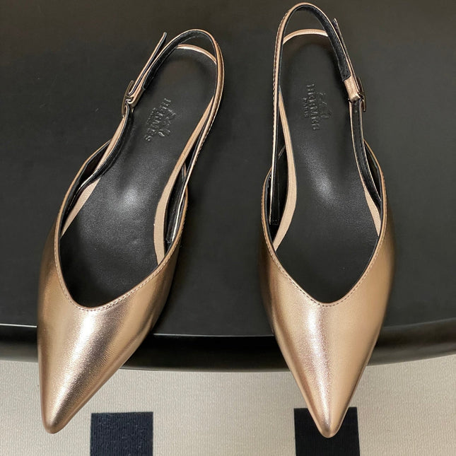 HM 26S NICOLE SLINGBACK IN GOLD CALFSKIN SILVER HARDWARE