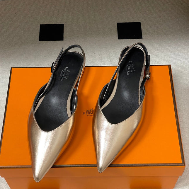 HM 26S NICOLE SLINGBACK IN GOLD CALFSKIN SILVER HARDWARE