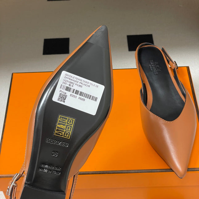 HM 26S NICOLE SLINGBACK IN CARAMEL BROWN CALFSKIN SILVER HARDWARE