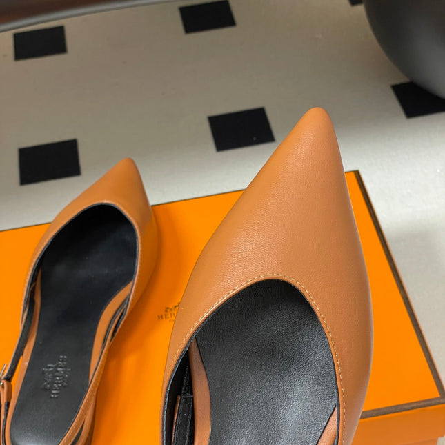 HM 26S NICOLE SLINGBACK IN CARAMEL BROWN CALFSKIN SILVER HARDWARE