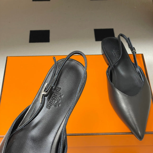 HM 26S NICOLE SLINGBACK IN BLACK CALFSKIN SILVER HARDWARE