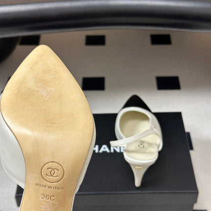 CHANEL 26S POINTED TOE HIGH HEEL SLINGBACKS 85 MM IN BLACK MIX WHITE LAMBSKIN