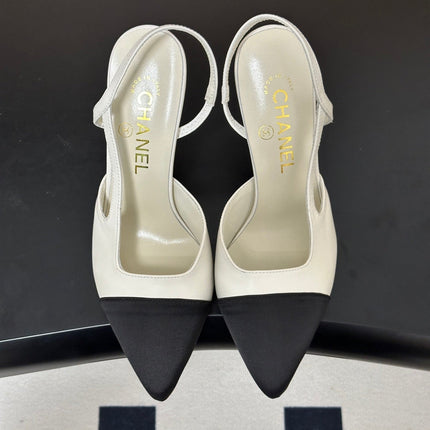 CHANEL 26S POINTED TOE HIGH HEEL SLINGBACKS 85 MM IN BLACK MIX WHITE LAMBSKIN