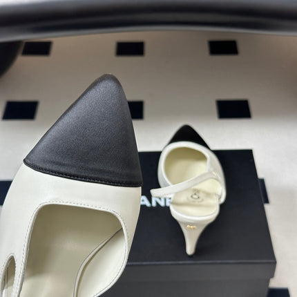 CHANEL 26S POINTED TOE HIGH HEEL SLINGBACKS 85 MM IN BLACK MIX WHITE LAMBSKIN