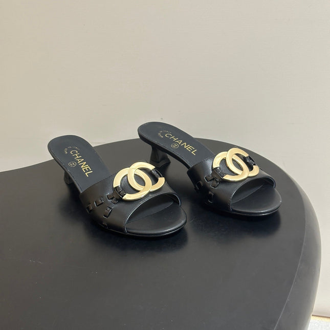 CHANEL 26S HIGH HEEL MULE IN BLACK LAMBSKIN WITH GOLD TONE CC LOGO