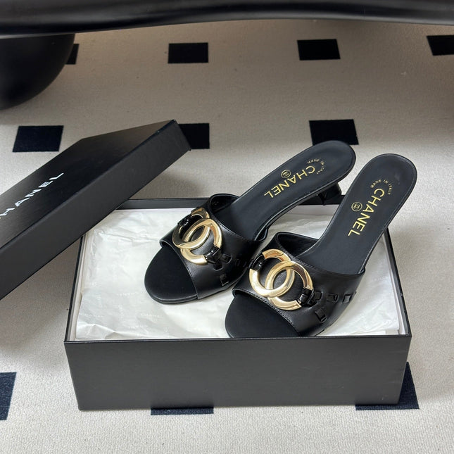 CHANEL 26S HIGH HEEL MULE IN BLACK LAMBSKIN WITH GOLD TONE CC LOGO