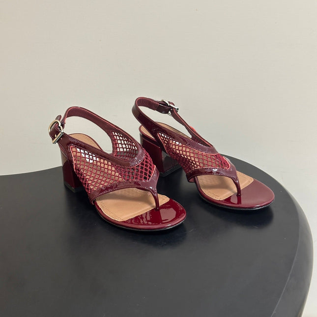 ALAIA 26S MESH THONG HEELS 55 MM IN BURGUNDY PATENT CALFSKIN