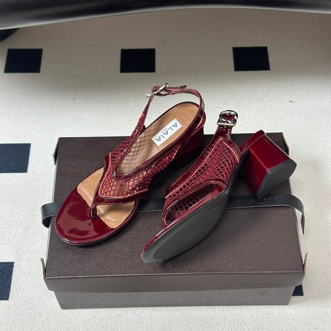 ALAIA 26S MESH THONG HEELS 55 MM IN BURGUNDY PATENT CALFSKIN