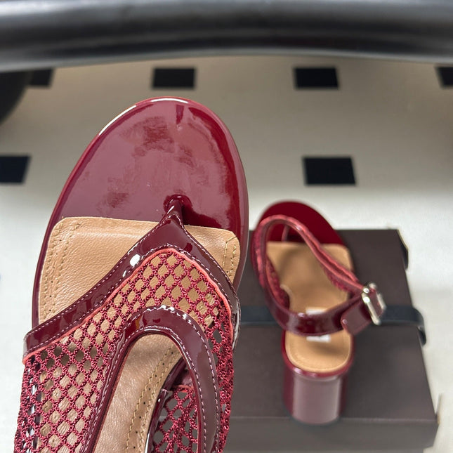 ALAIA 26S MESH THONG HEELS 55 MM IN BURGUNDY PATENT CALFSKIN