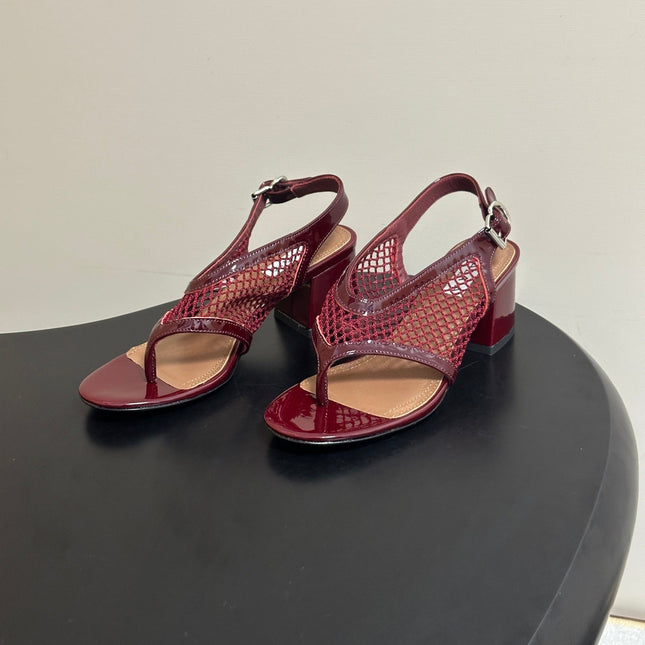 ALAIA 26S MESH THONG HEELS 55 MM IN BURGUNDY PATENT CALFSKIN
