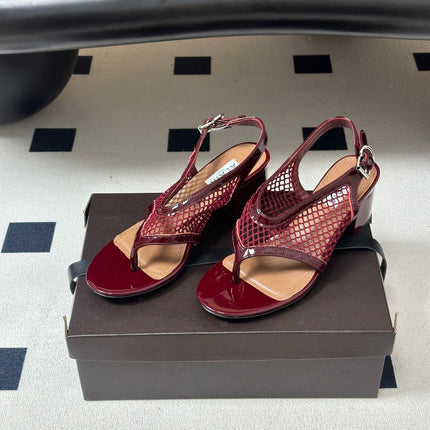 ALAIA 26S MESH THONG HEELS 55 MM IN BURGUNDY PATENT CALFSKIN