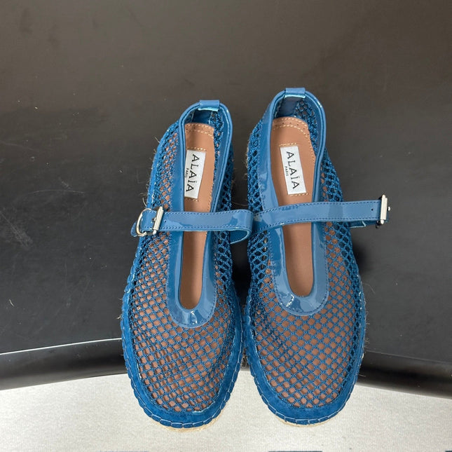 ALAIA 26S MESH ESPADRILLES IN NAVY BLUE PATENT LEATHER AND MESH