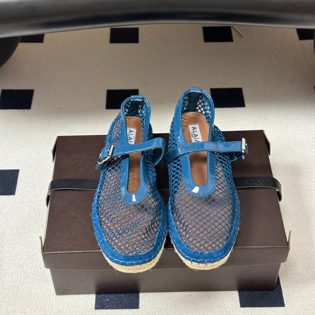 ALAIA 26S MESH ESPADRILLES IN NAVY BLUE PATENT LEATHER AND MESH