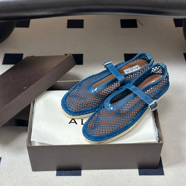 ALAIA 26S MESH ESPADRILLES IN NAVY BLUE PATENT LEATHER AND MESH