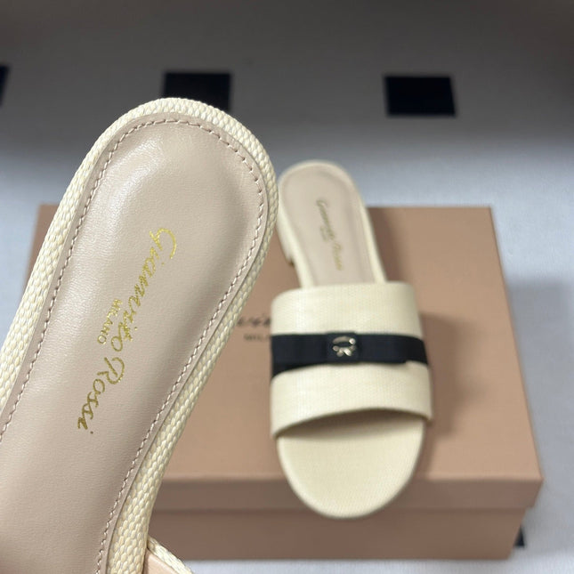 GIANVITO ROSSI 26S SLIDES IN BEIGE MIX BLACK FABRIC