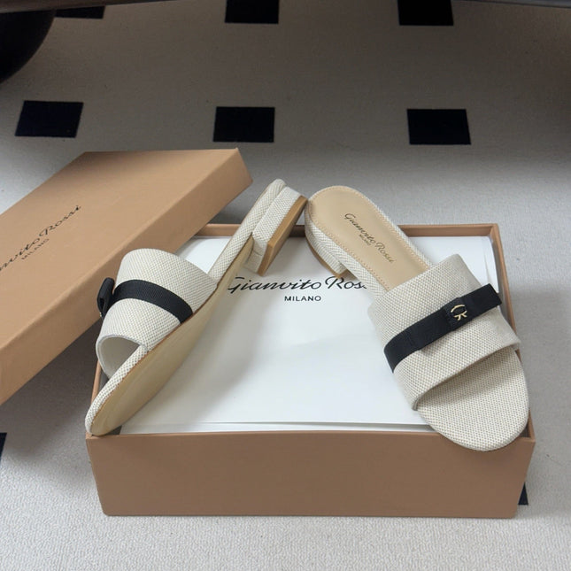 GIANVITO ROSSI 26S SLIDES IN LIGHT BEIGE AND BLACK FABRIC