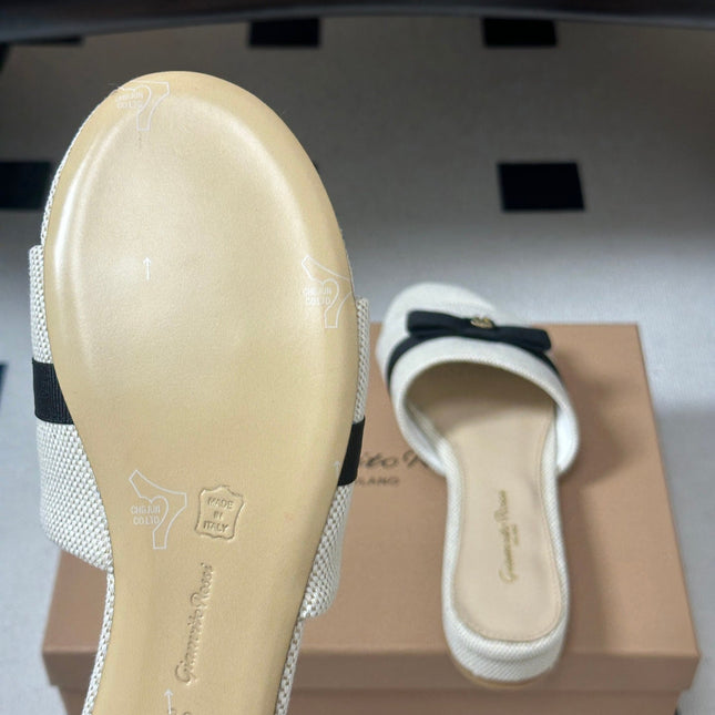 GIANVITO ROSSI 26S SLIDES IN LIGHT BEIGE AND BLACK FABRIC