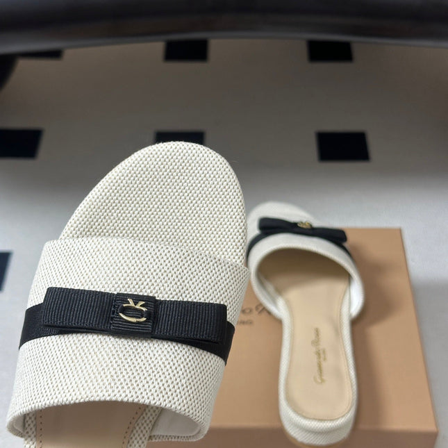 GIANVITO ROSSI 26S SLIDES IN LIGHT BEIGE AND BLACK FABRIC