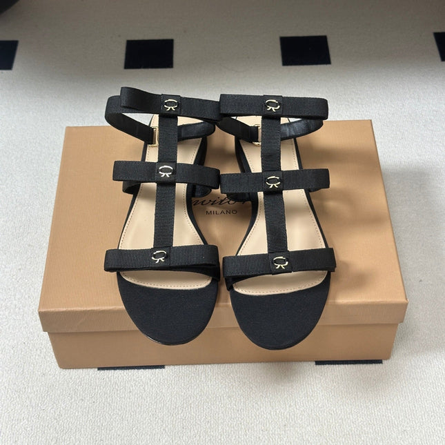 GIANVITO ROSSI 26S STRAPPY FLAT SANDALS IN BLACK FABRIC