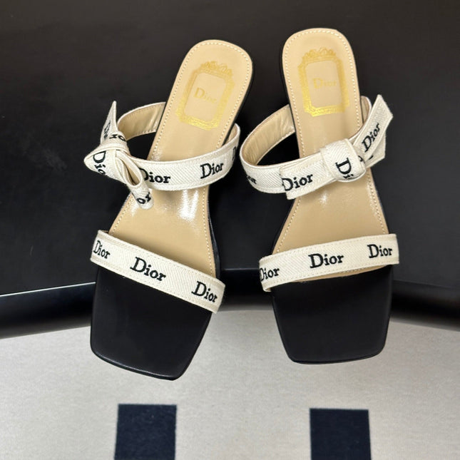 DIOR 26S J'ADIOR MULE SANDALS 35MM IN BLACK CALFSKIN WITH WHITE LOGO RIBBON