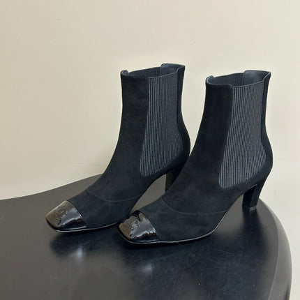 CHANEL 26S ANKLE BOOTS 60 MM IN BLACK SUEDE AND PATENT