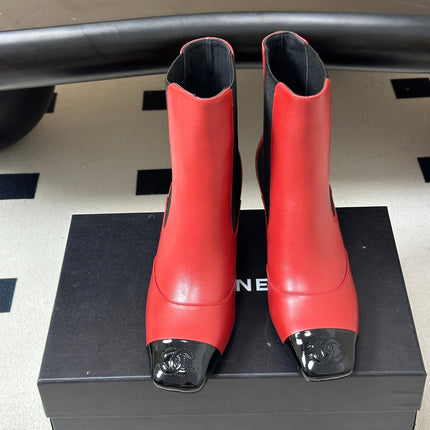CHANEL 26S ANKLE BOOTS 60 MM IN RED CALFSKIN AND BLACK PATENT