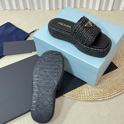PRA CROCHET FLATFORM SLIDES BLACK RAFFIA