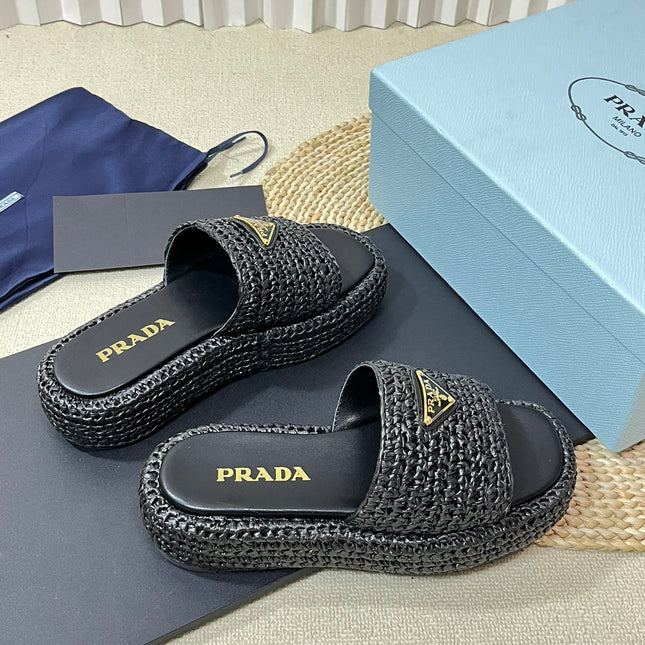 PRA CROCHET FLATFORM SLIDES BLACK RAFFIA