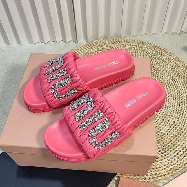 Neon Pink Sheepskin Diamond Slippers