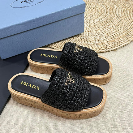 PRA WEDGE FLATFORM SLIDES BLACK RAFFIA
