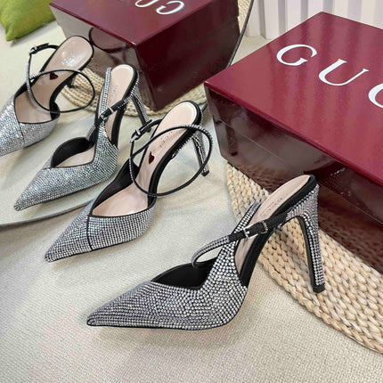 HIGH SLINGBACK 10 CM IN BLACK SILK WITH FULL RHINSTONES