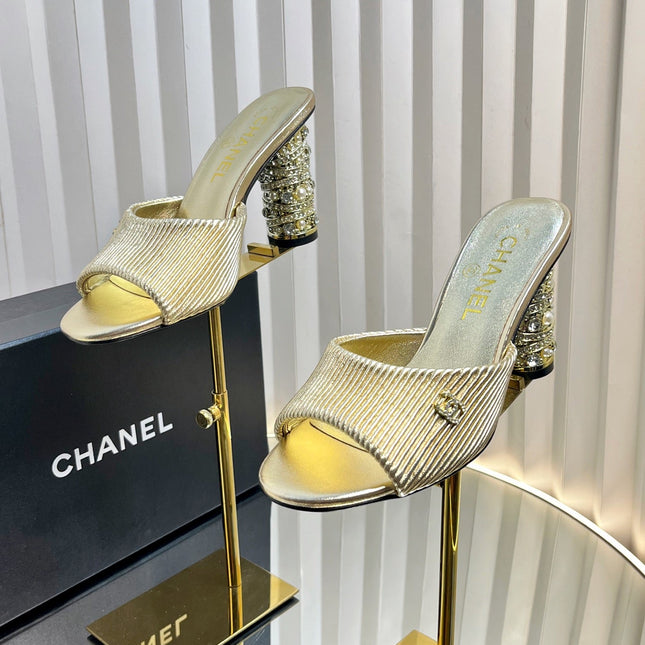 CHANEL 26S EMBELLISHED HEELED SANDALS 80 MM IN GOLD LAMBSKIN