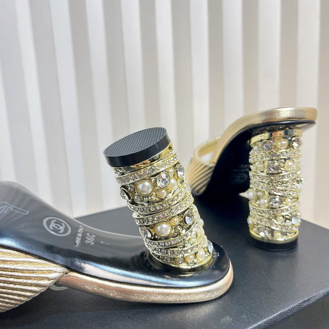 CHANEL 26S EMBELLISHED HEELED SANDALS 80 MM IN GOLD LAMBSKIN