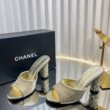 CHANEL 26S EMBELLISHED HEELED SANDALS 80 MM IN GOLD LAMBSKIN