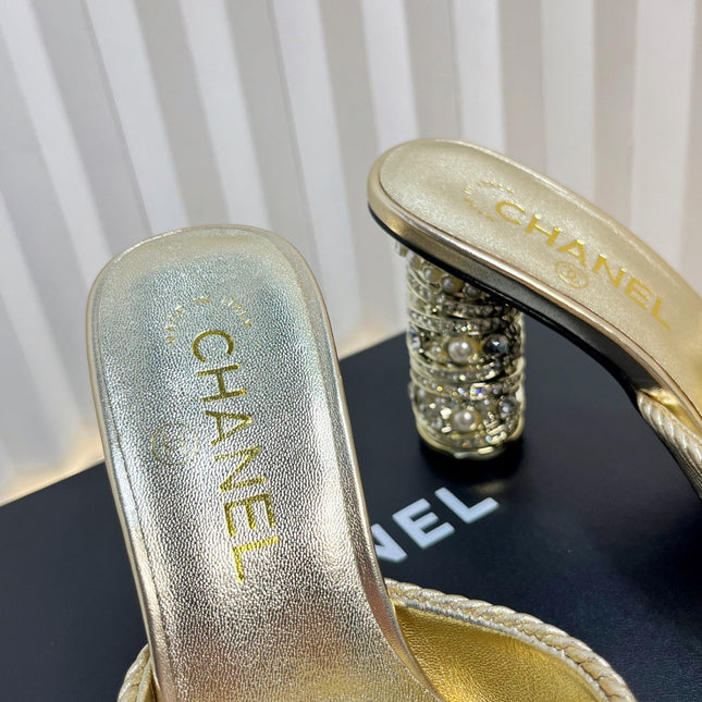 CHANEL 26S EMBELLISHED HEELED SANDALS 80 MM IN GOLD LAMBSKIN