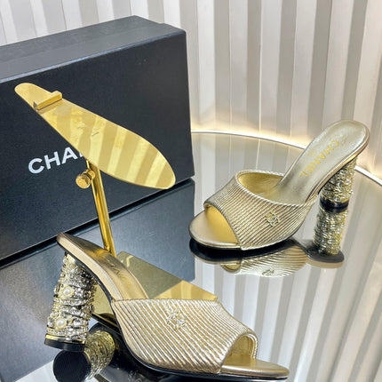 CHANEL 26S EMBELLISHED HEELED SANDALS 80 MM IN GOLD LAMBSKIN