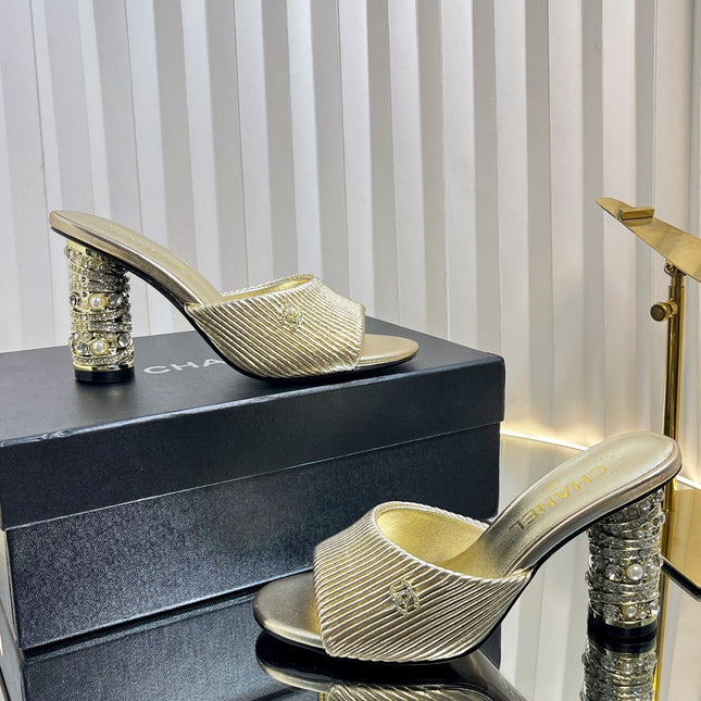 CHANEL 26S EMBELLISHED HEELED SANDALS 80 MM IN GOLD LAMBSKIN