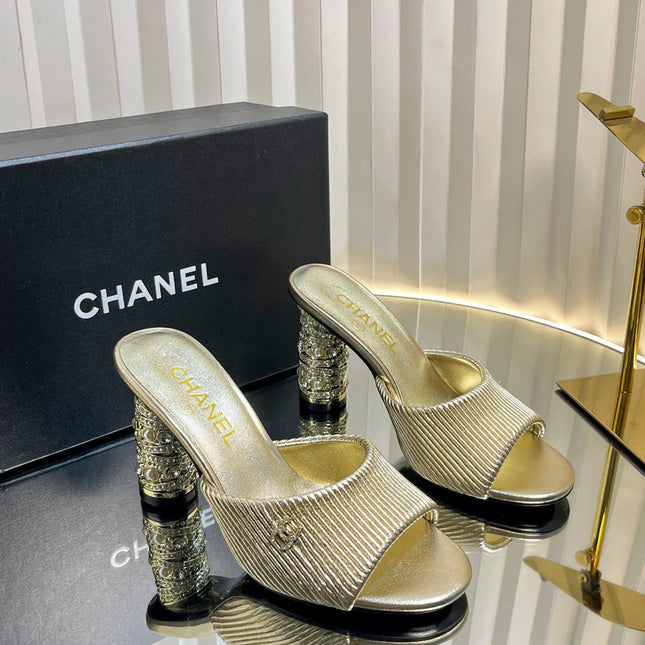 CHANEL 26S EMBELLISHED HEELED SANDALS 80 MM IN GOLD LAMBSKIN