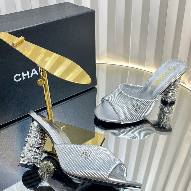 CHANEL 26S EMBELLISHED HEELED SANDALS 80 MM IN SILVER LAMBSKIN