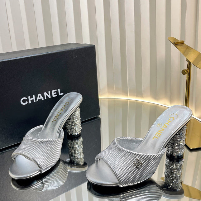 CHANEL 26S EMBELLISHED HEELED SANDALS 80 MM IN SILVER LAMBSKIN