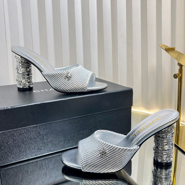CHANEL 26S EMBELLISHED HEELED SANDALS 80 MM IN SILVER LAMBSKIN