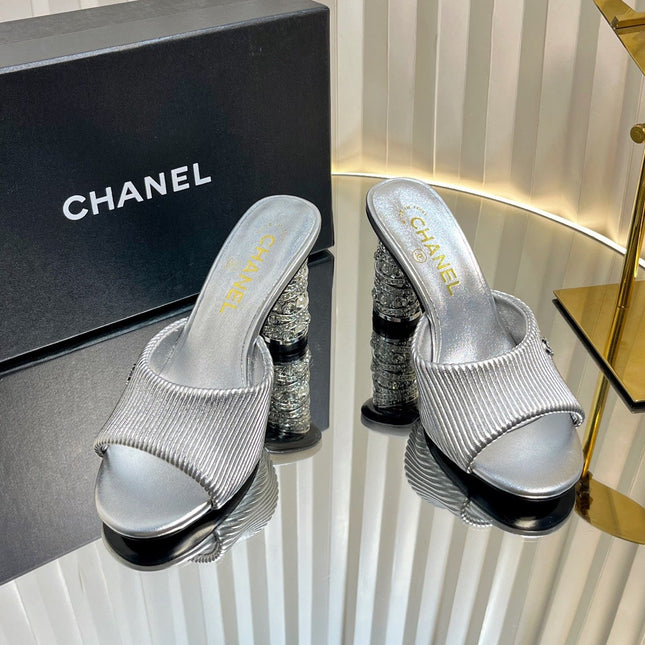 CHANEL 26S EMBELLISHED HEELED SANDALS 80 MM IN SILVER LAMBSKIN
